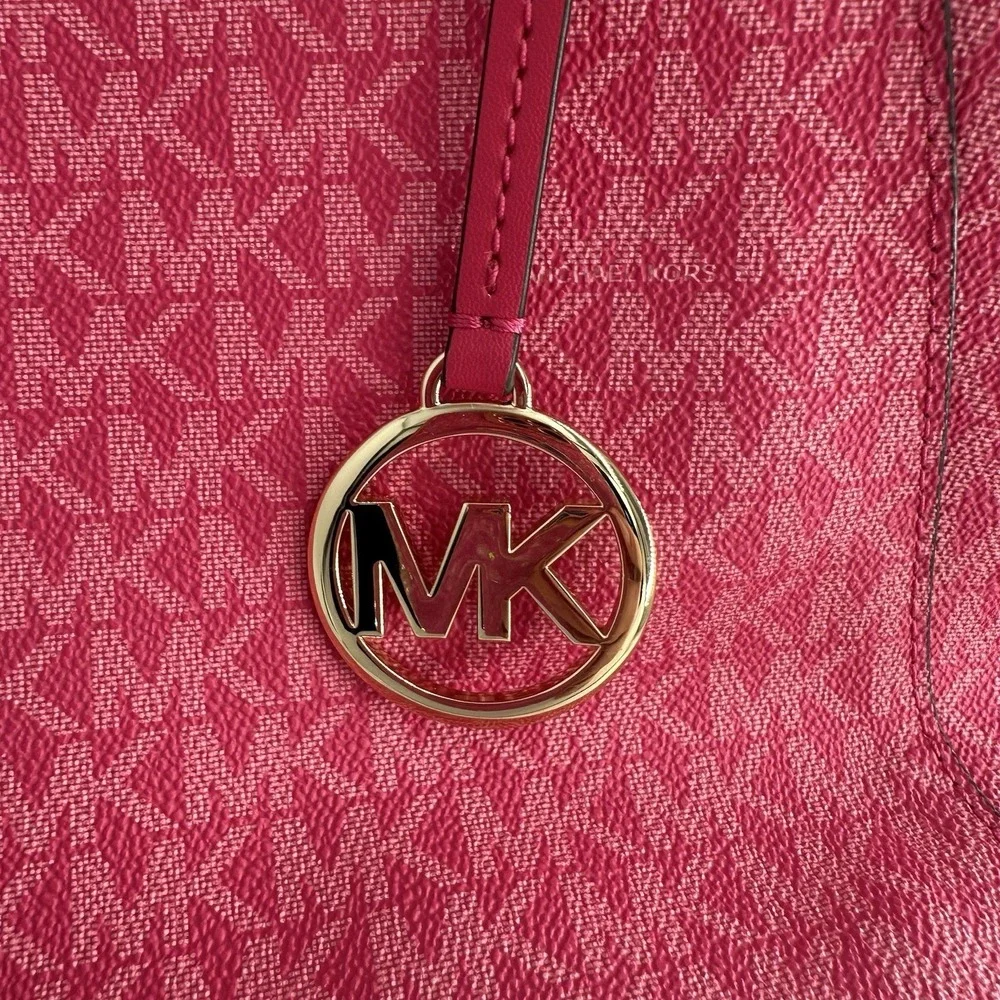 Michael Kors Jet Set Pink East West Medium Top Zip Signature Logo Leather Tote